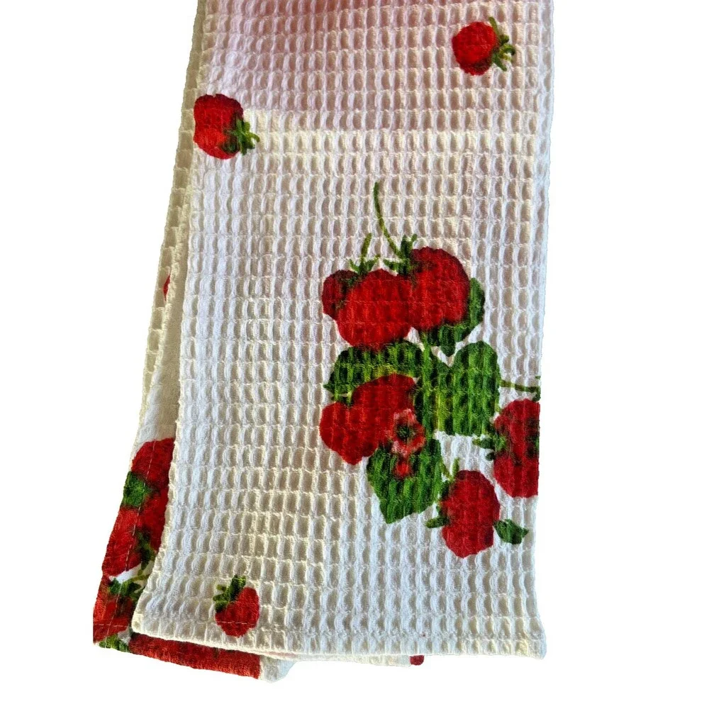 April Cornell Strawberries Kitchen Dish Towels Set of 3 Waffle Weave White Red